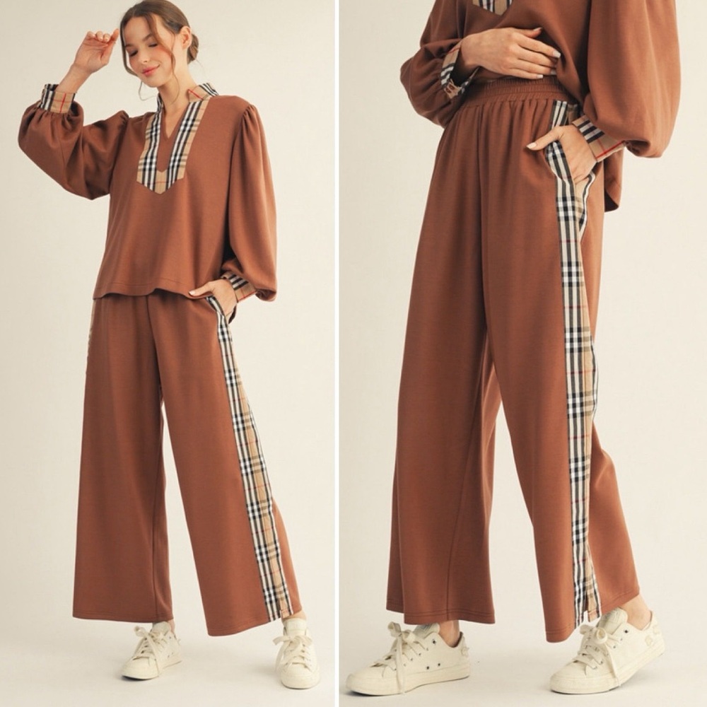 Brown Plaid Trim Women's Pants